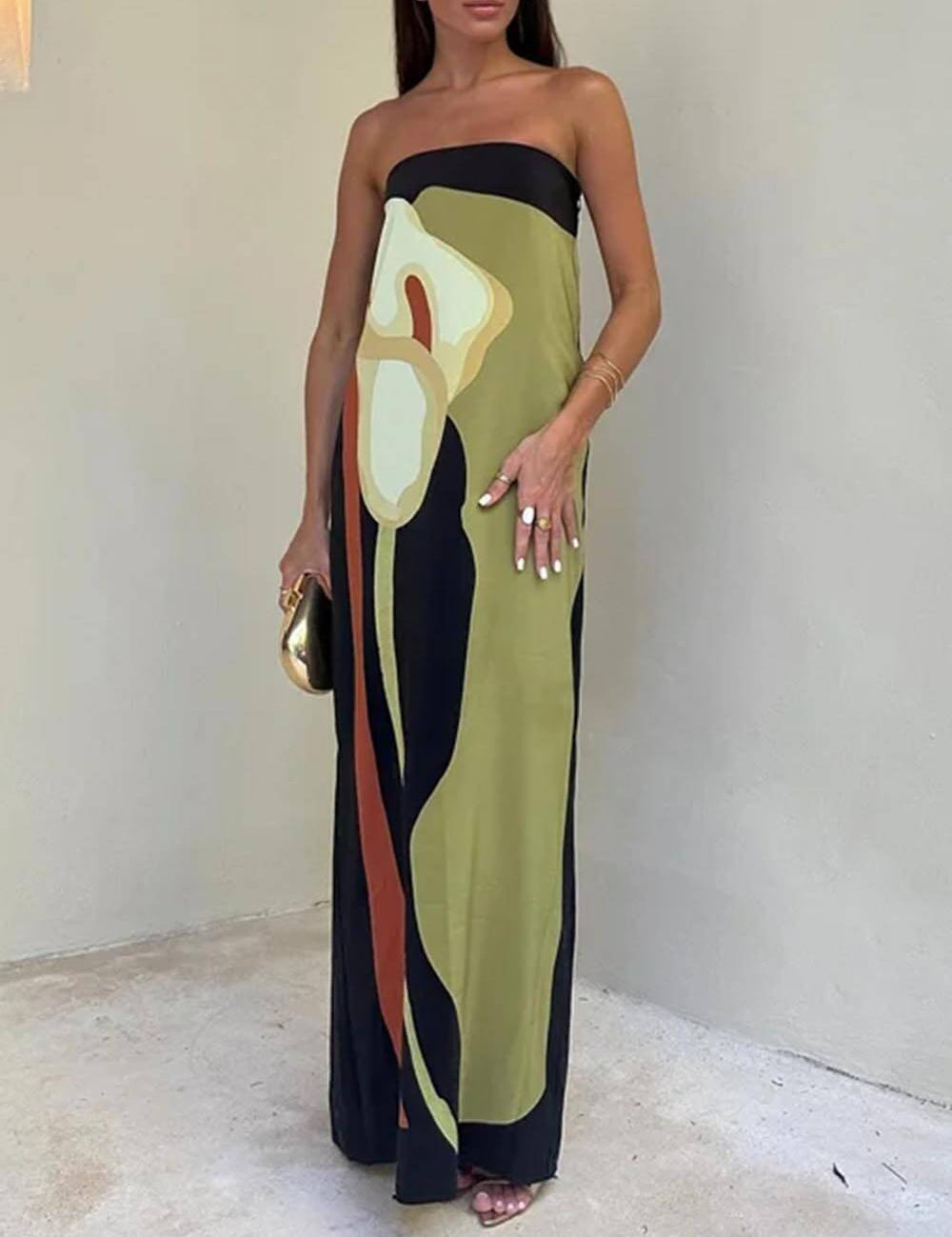Robe longue sans manches imprimée épaules dénudées