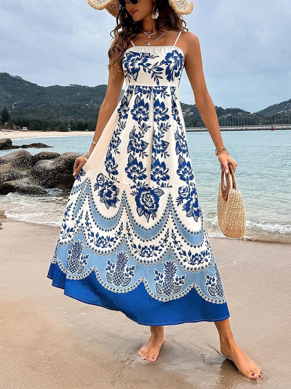 Robe mi-longue ample à imprimé floral ethnique