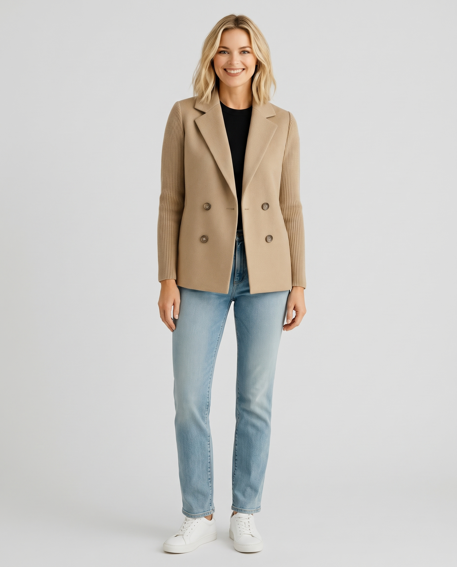 Manteau Sasha camel, porté — vue de face
