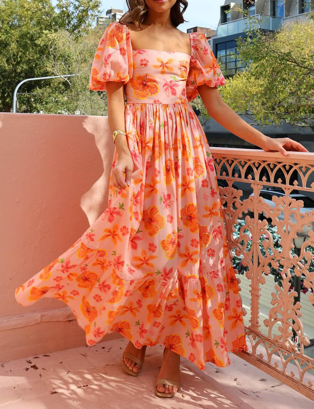 Robe longue à imprimé floral manches bouffantes