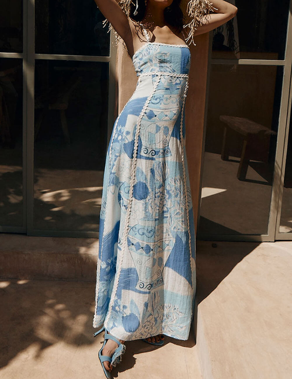 Robe longue imprimée patchwork en dentelle