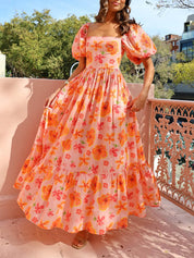 Robe longue à imprimé floral manches bouffantes