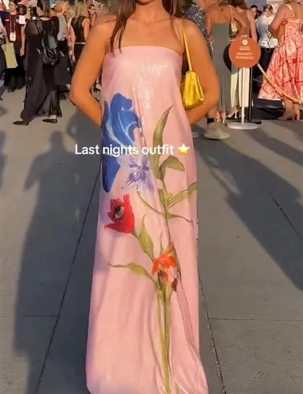 Robe longue Special épaules dénudées à imprimé floral trapèze