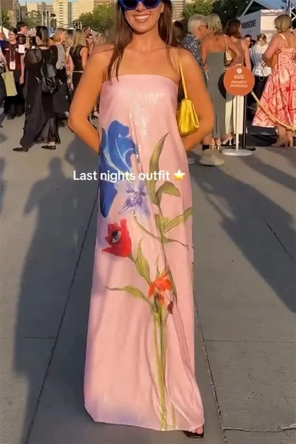Robe longue Special épaules dénudées à imprimé floral trapèze