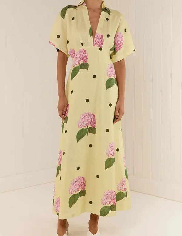 Robe longue Jasmine fleurie à pois en lin