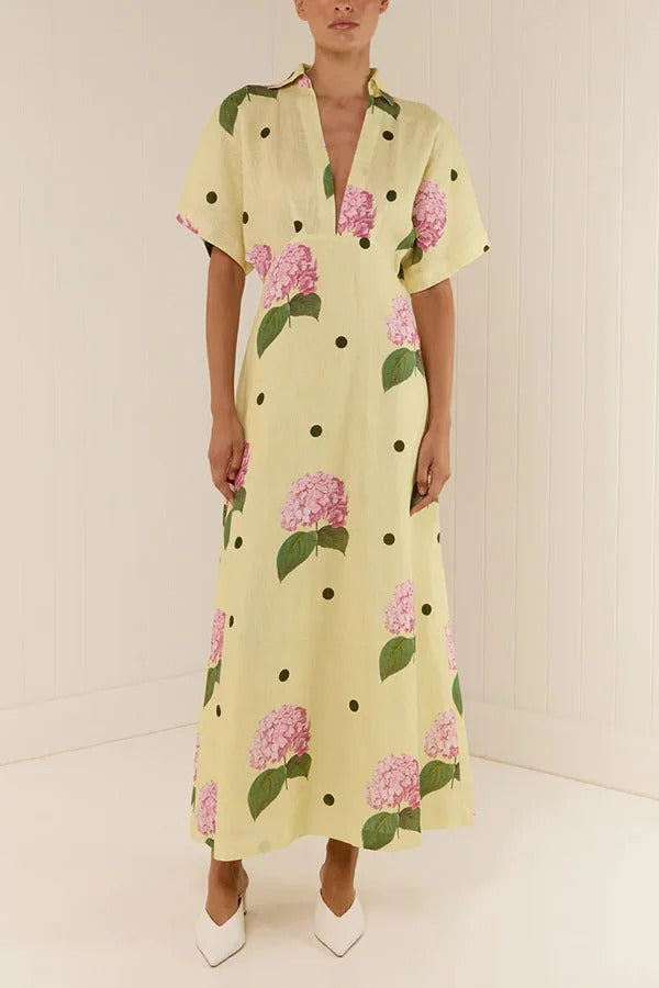 Robe longue Jasmine fleurie à pois en lin