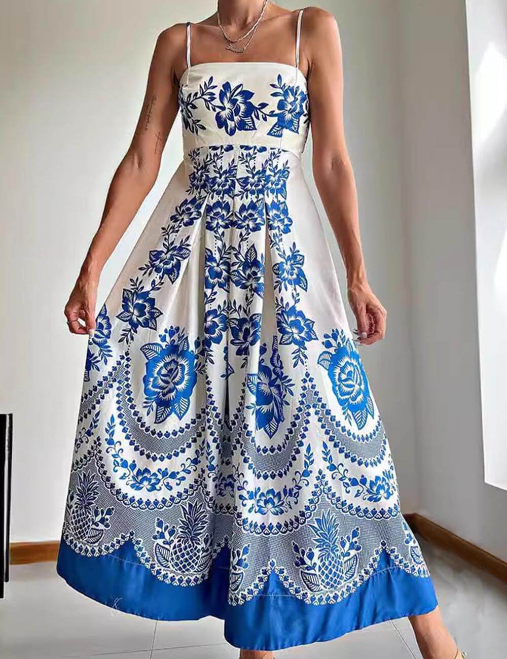 Robe mi-longue ample à imprimé floral ethnique