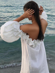 Robe mi-longue à volants épaules dénudées manches bouffantes