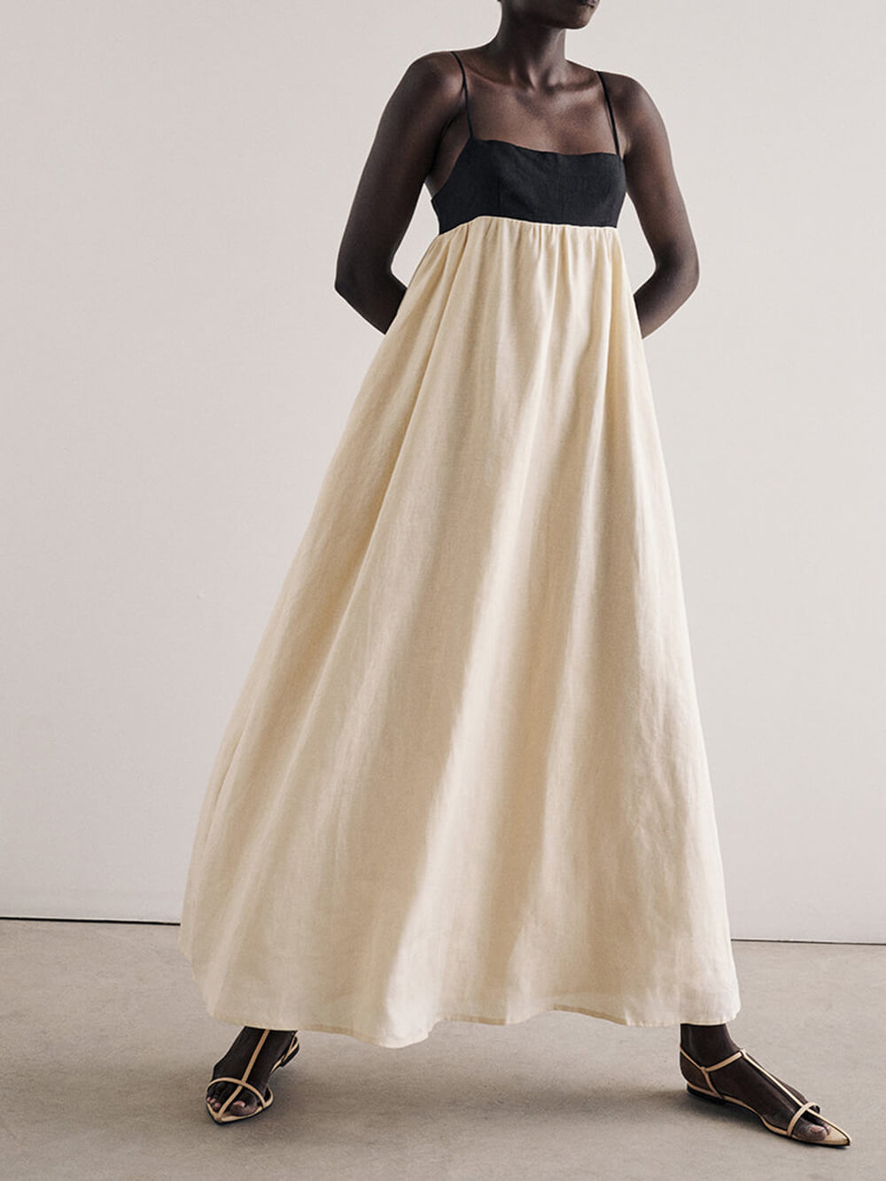 Robe longue ample à bretelles patchwork