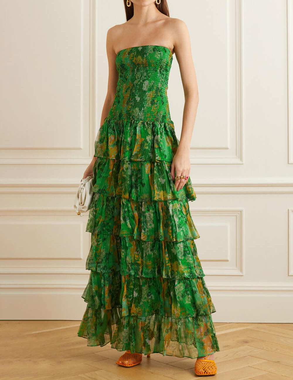 Robe longue bustier à superpositions à imprimé floral