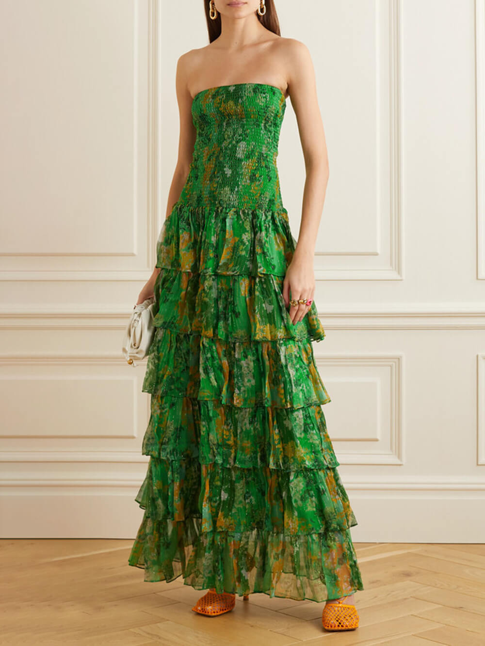 Robe longue bustier à superpositions à imprimé floral