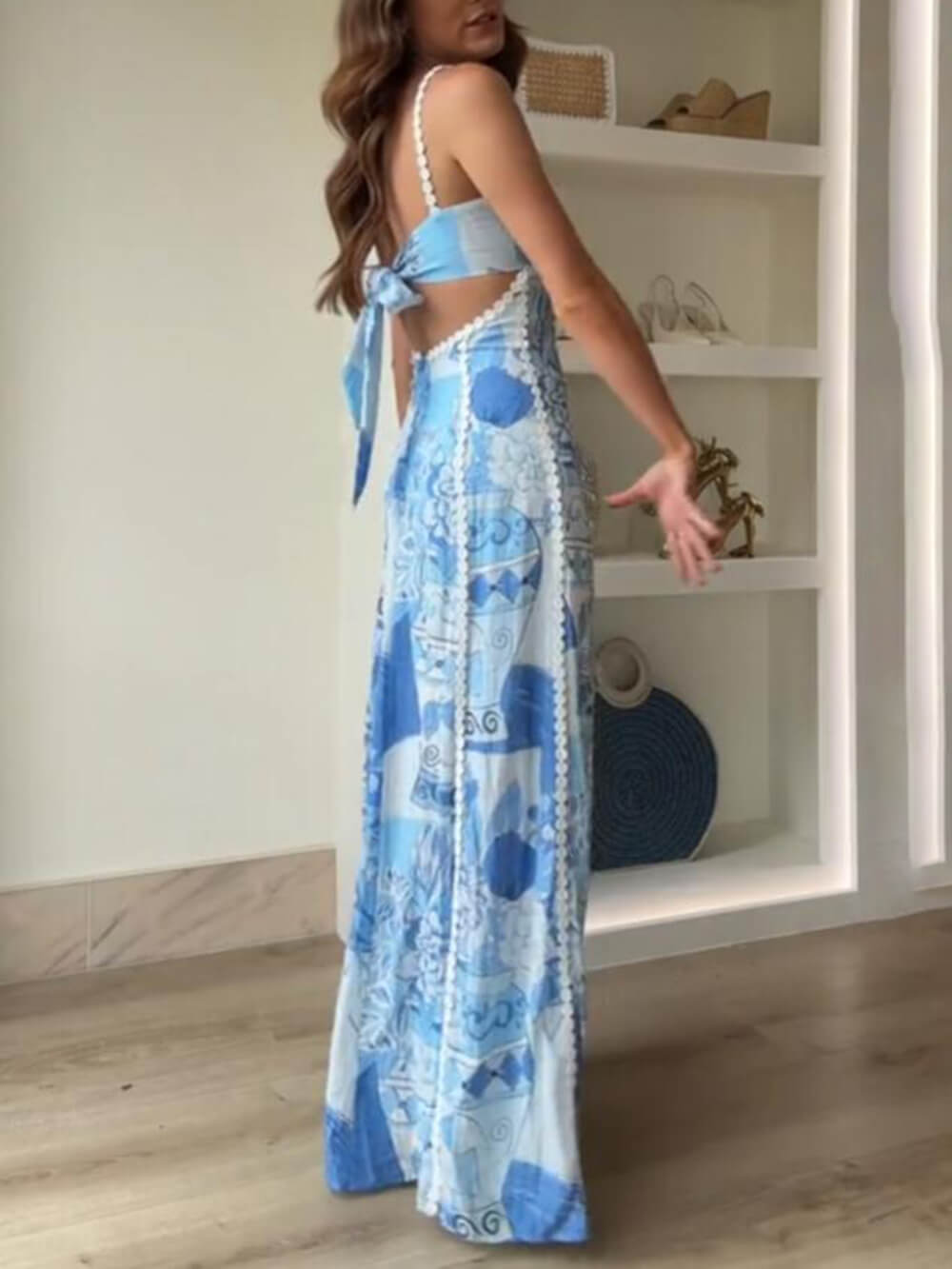 Robe longue imprimée patchwork en dentelle