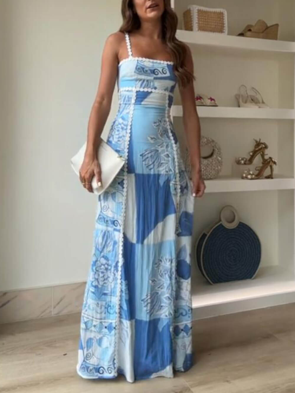 Robe longue imprimée patchwork en dentelle