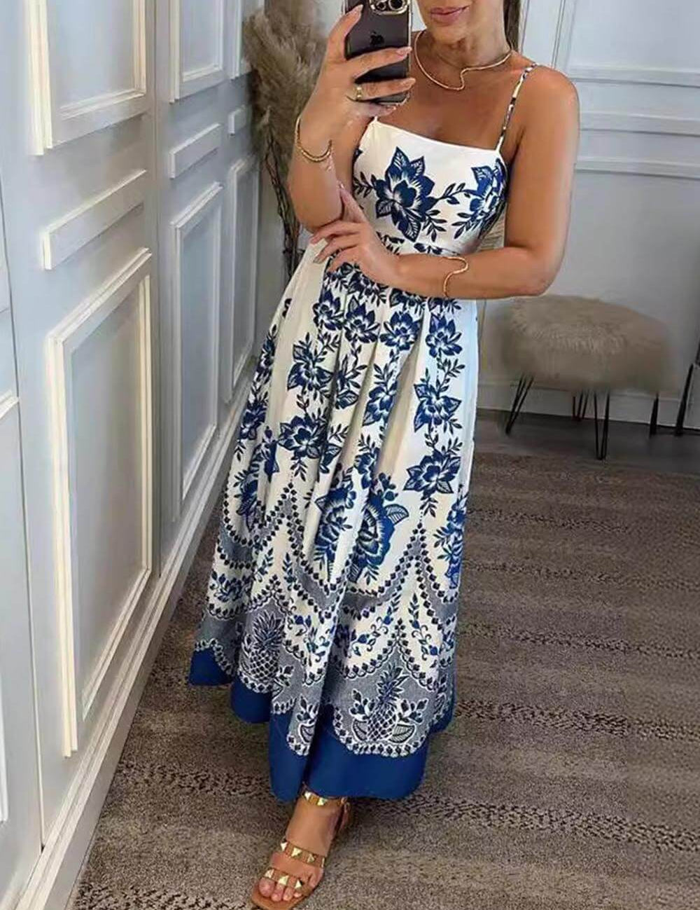 Robe mi-longue ample à imprimé floral ethnique