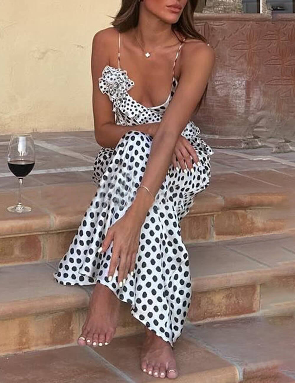 Robe longue à volants à pois à bretelles