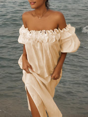 Robe mi-longue à volants épaules dénudées manches bouffantes