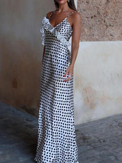Robe longue à volants à pois à bretelles