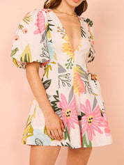 Robe courte à imprimé floral manches bouffantes