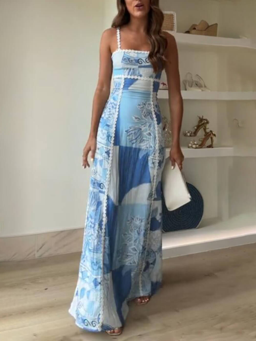 Robe longue imprimée patchwork en dentelle
