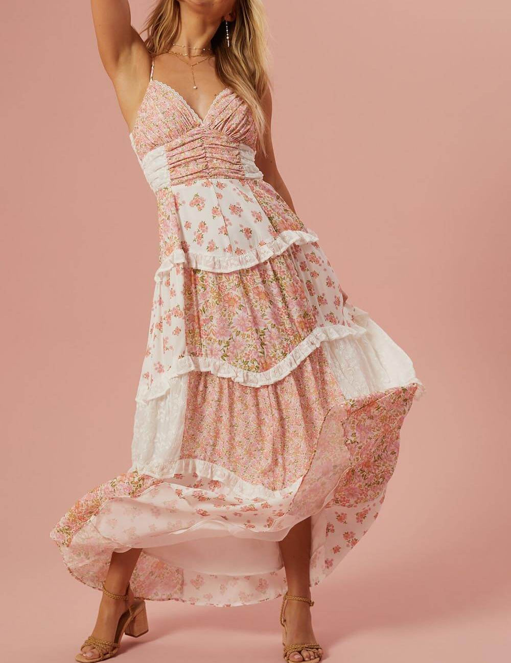 Robe longue rétro à imprimé floral patchwork