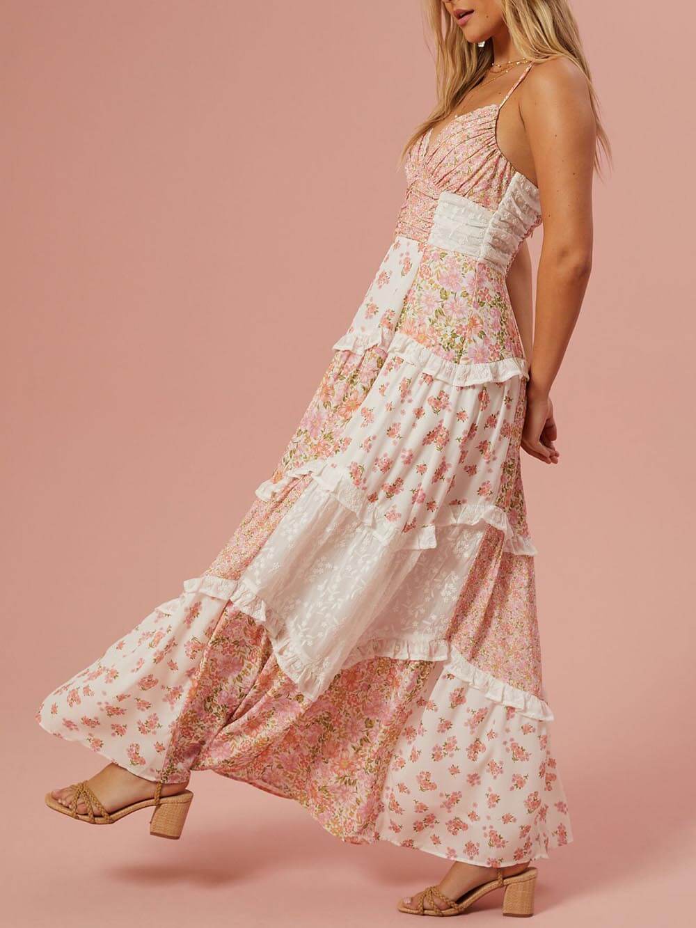 Robe longue rétro à imprimé floral patchwork