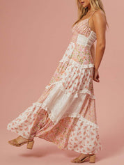 Robe longue rétro à imprimé floral patchwork