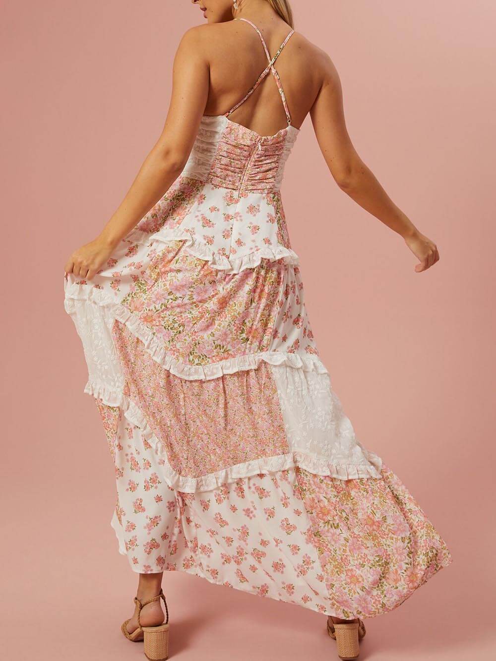 Robe longue rétro à imprimé floral patchwork