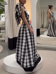Robe longue classique col licou à carreaux
