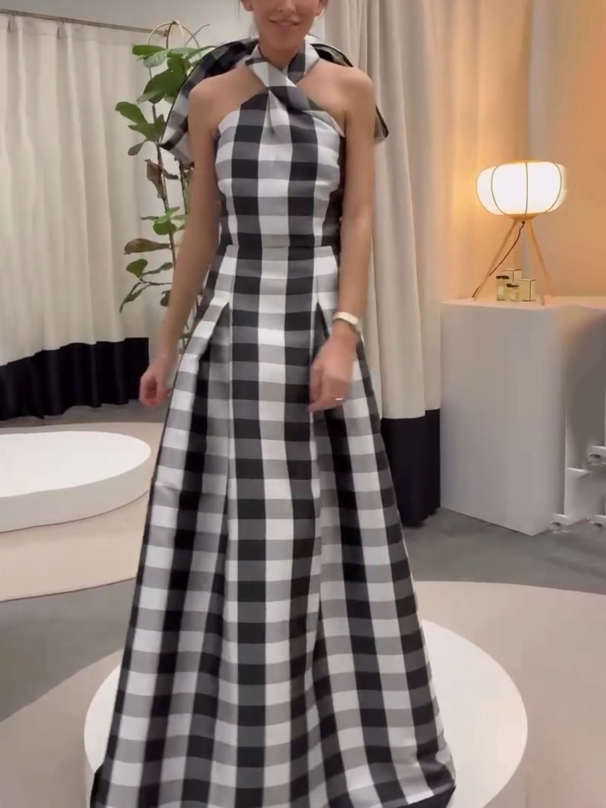Robe longue classique col licou à carreaux