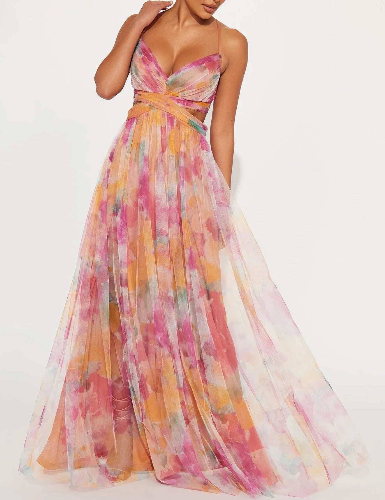 Robe longue élégante à imprimé floral col V