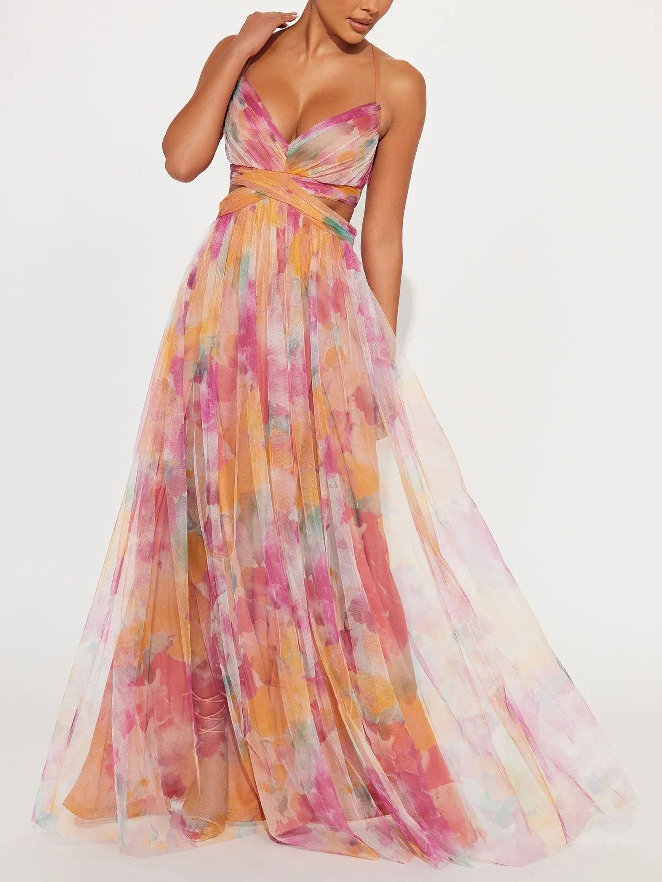 Robe longue élégante à imprimé floral col V