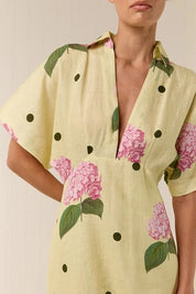 Robe longue Jasmine fleurie à pois en lin