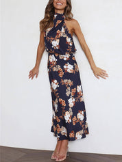 Robe longue fleurie col licou