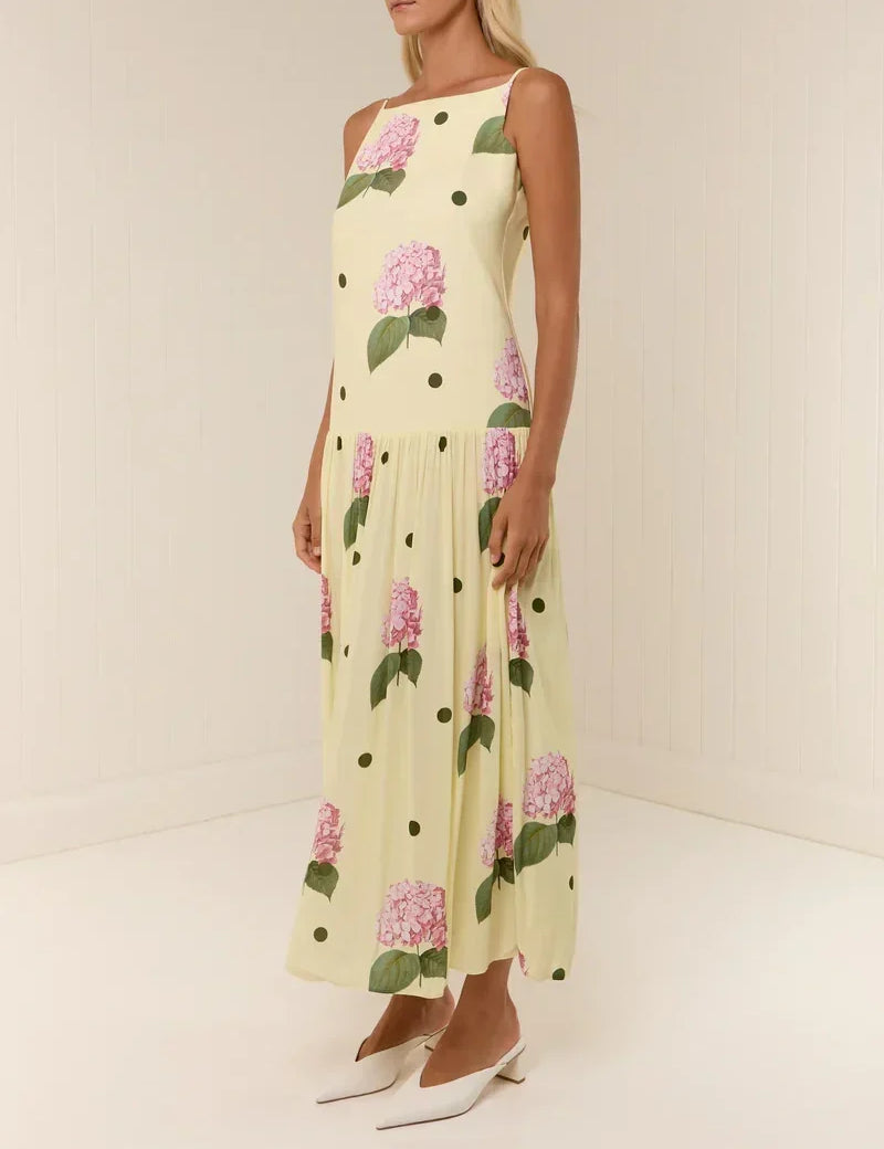 Robe mi-longue à imprimé floral à pois