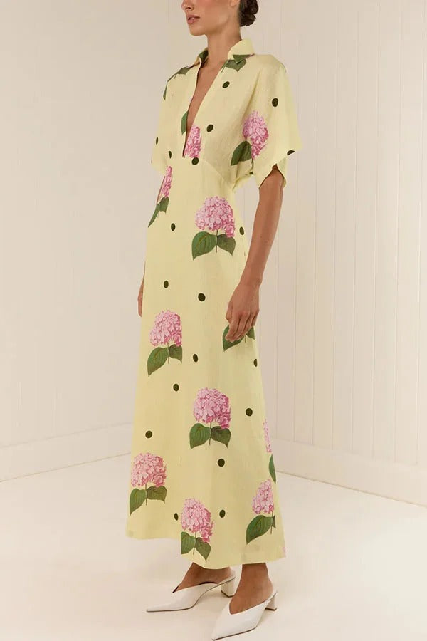 Robe longue Jasmine fleurie à pois en lin