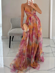 Robe longue élégante à imprimé floral col V