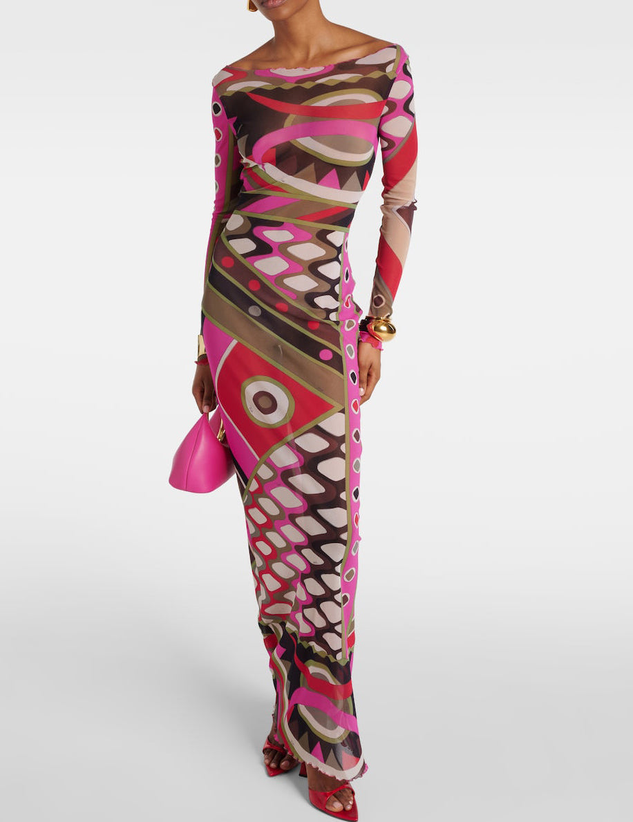 Robe longue rétro abstraite imprimé