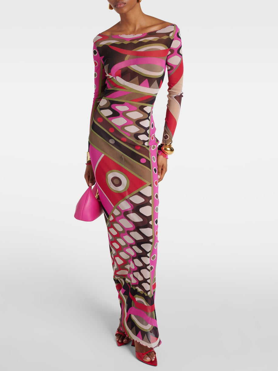 Robe longue rétro abstraite imprimé