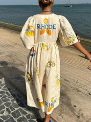 Robe mi-longue Folk unique à imprimé floral manches bouffantes