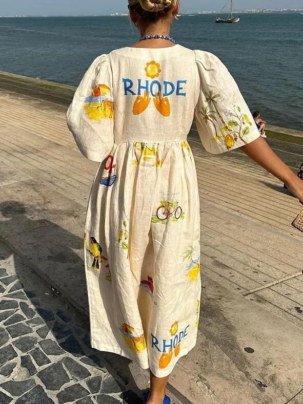 Robe mi-longue Folk unique à imprimé floral manches bouffantes