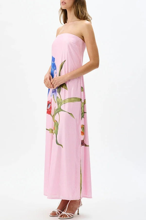 Robe longue Special épaules dénudées à imprimé floral trapèze
