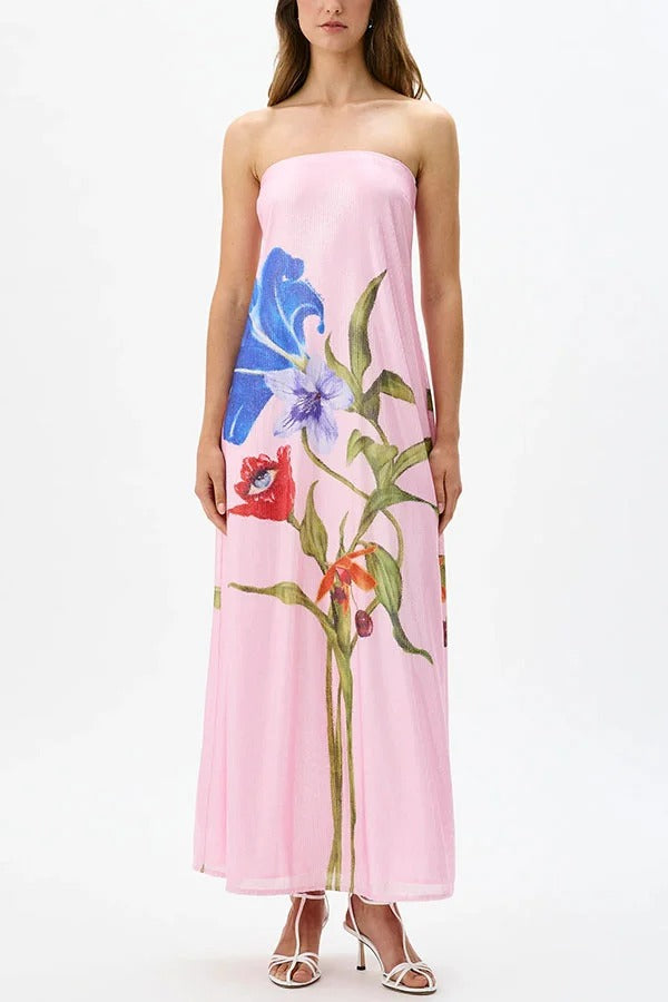 Robe longue Special épaules dénudées à imprimé floral trapèze