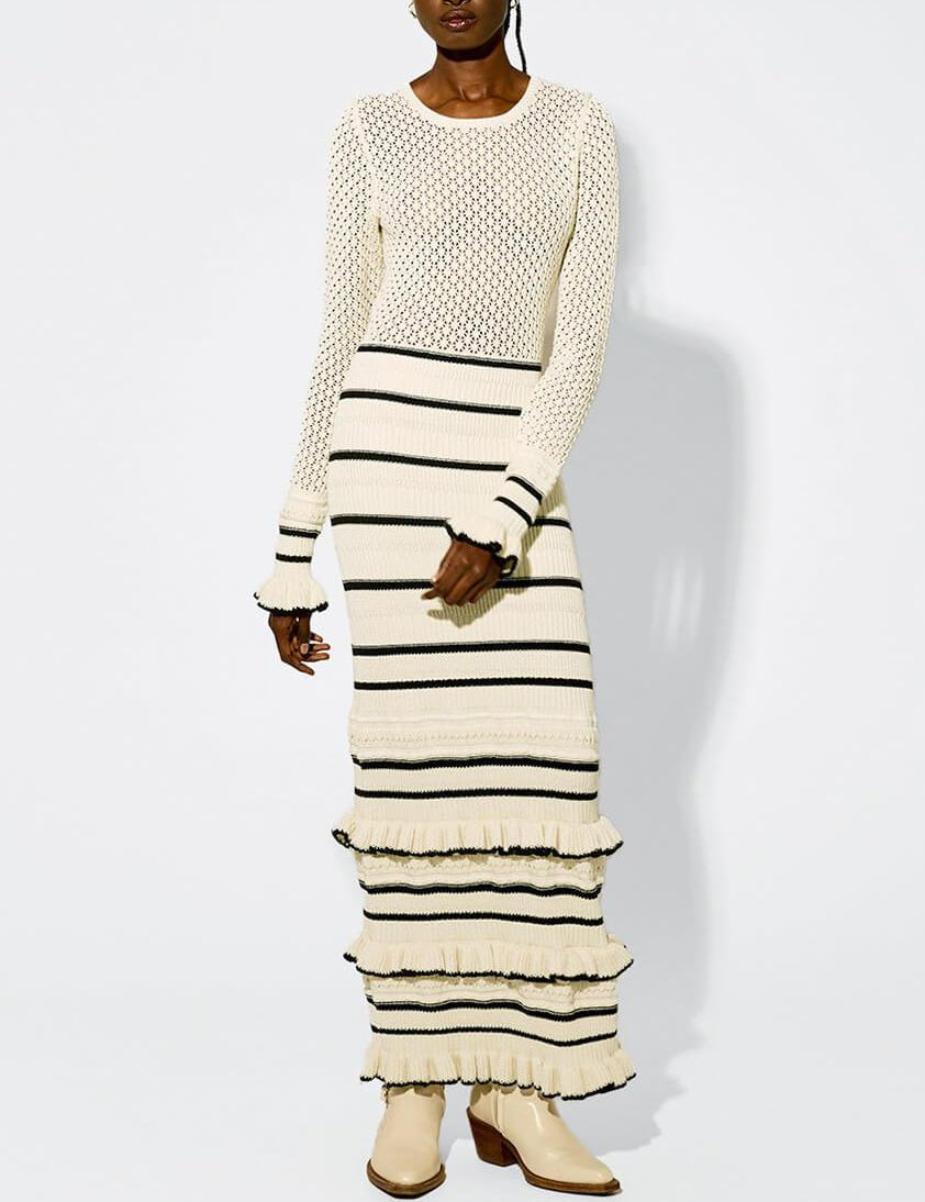 Robe longue en maille à volants manches longues