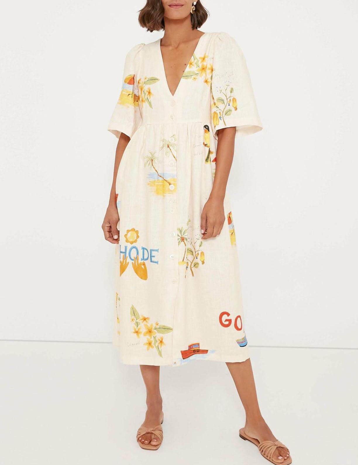 Robe mi-longue Folk unique à imprimé floral manches bouffantes