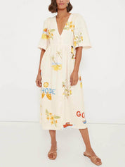 Robe mi-longue Folk unique à imprimé floral manches bouffantes