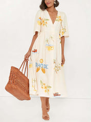 Robe mi-longue Folk unique à imprimé floral manches bouffantes