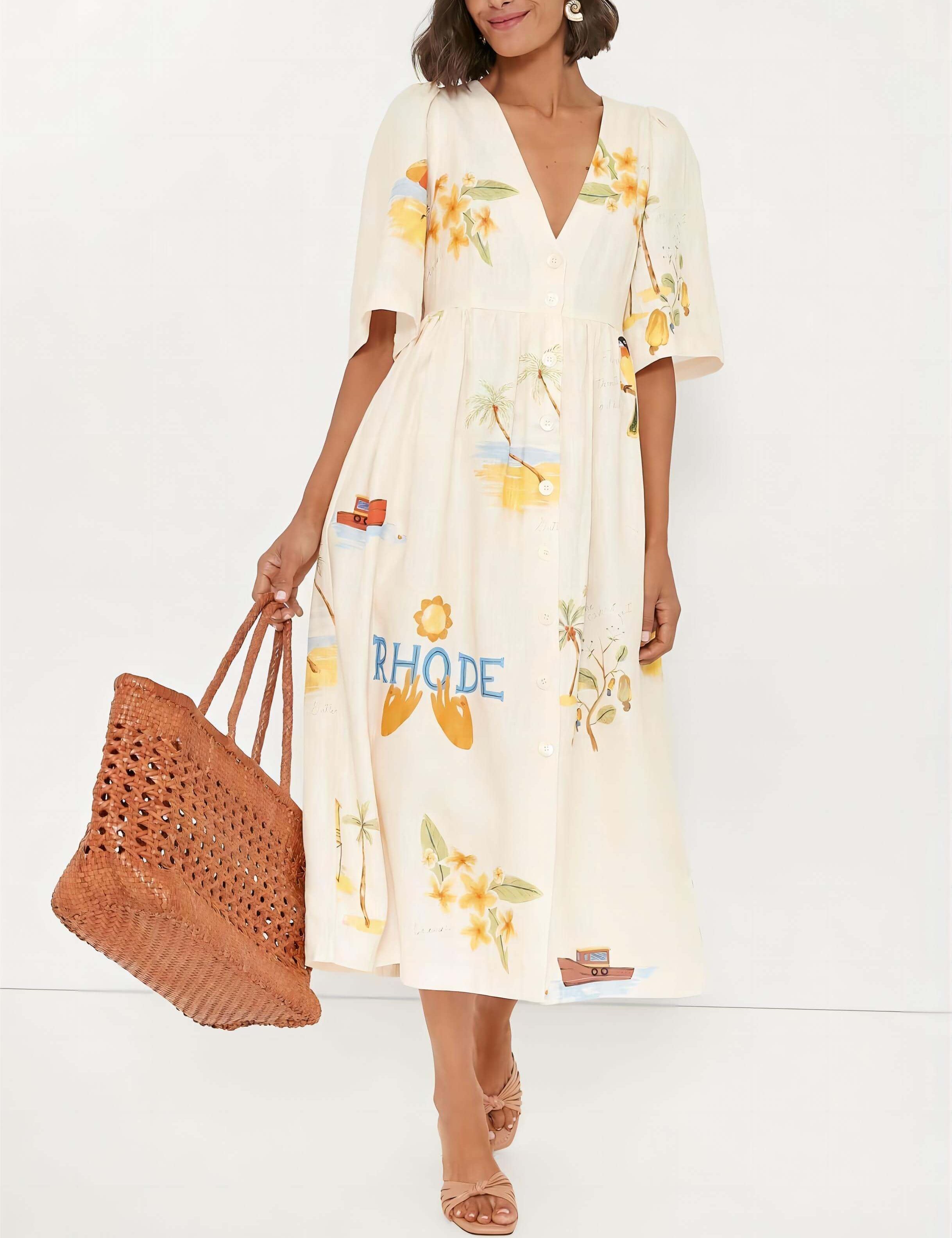 Robe mi-longue Folk unique à imprimé floral manches bouffantes