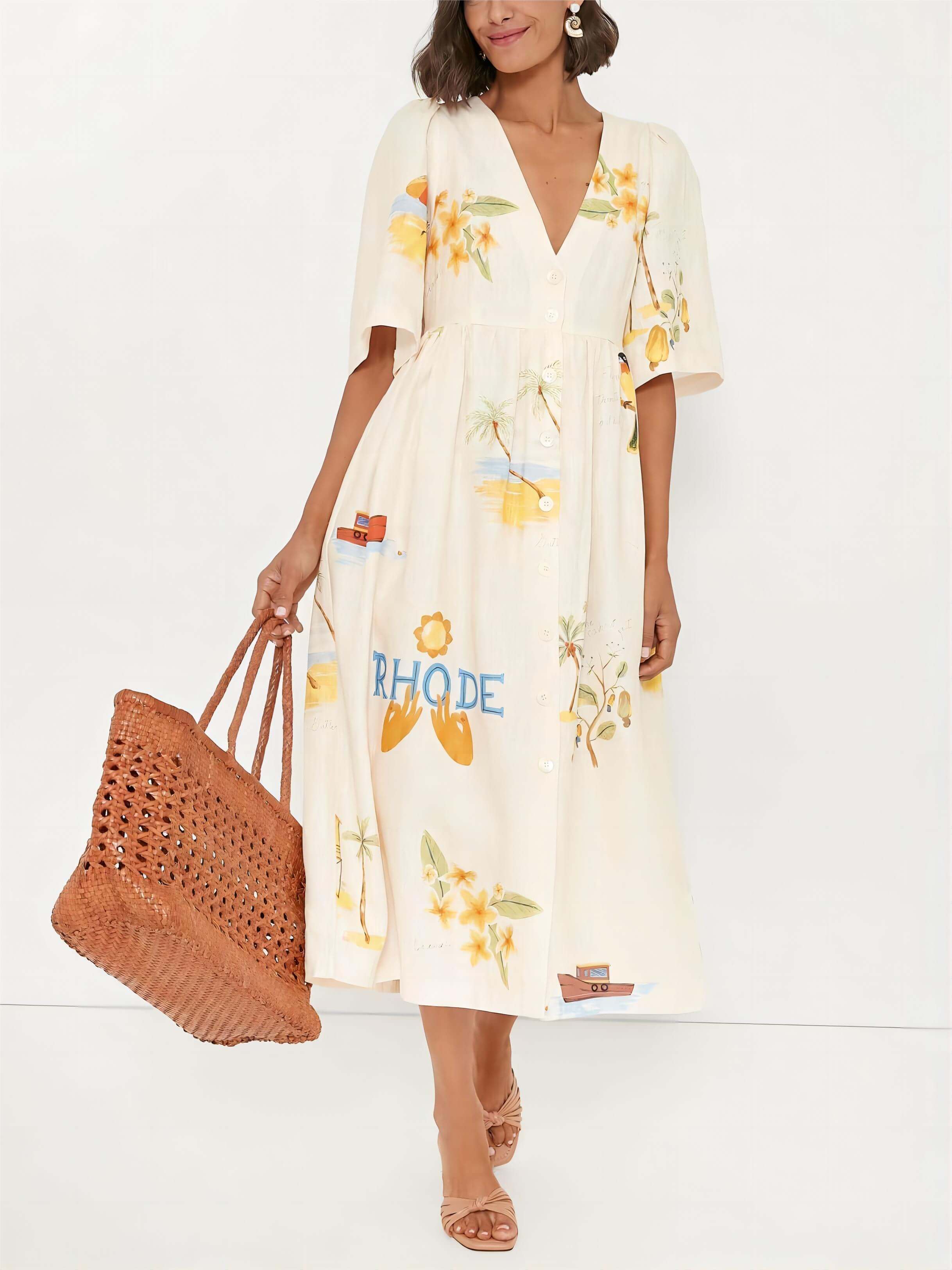 Robe mi-longue Folk unique à imprimé floral manches bouffantes